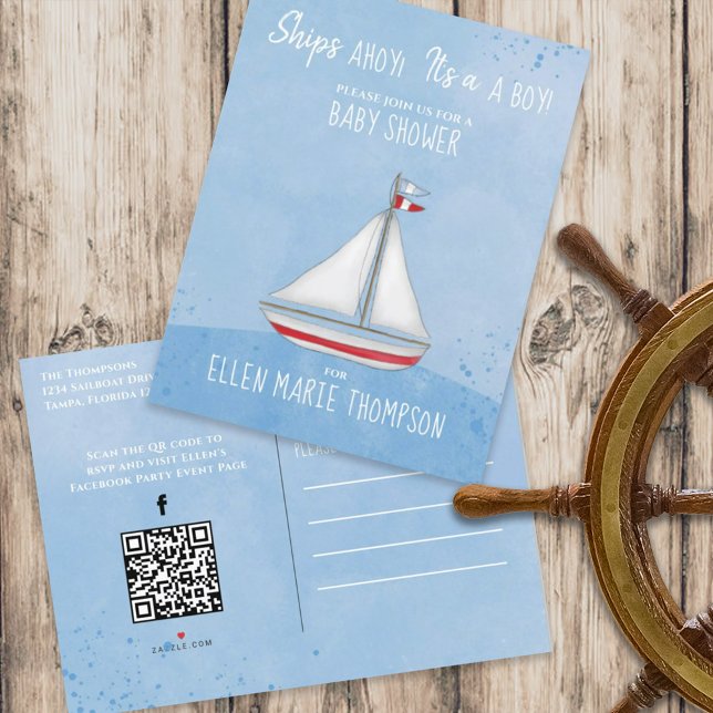 Cute Baby Shower Ship Ahoy QR Code Social Media Invitation Postcard (Creator Uploaded)