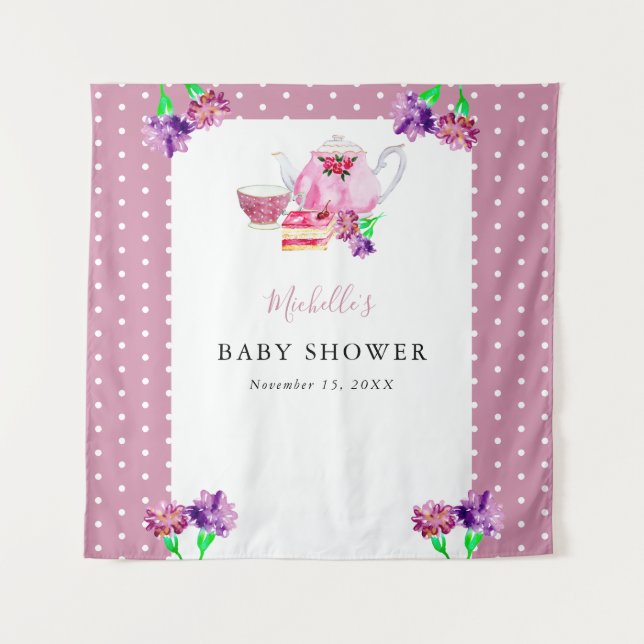 Cute Baby Shower Tea Party Pink Background Tapestry (Front)