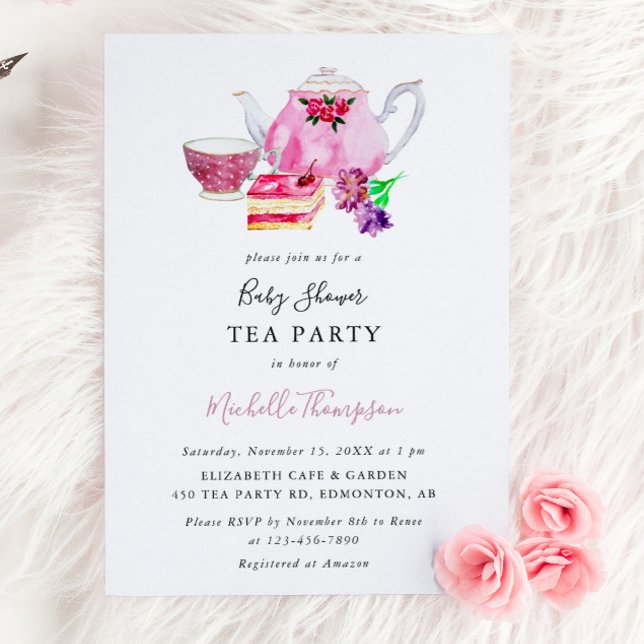 Cute Baby Shower Tea Party Pink Teapot Script Invitation (Creator Uploaded)