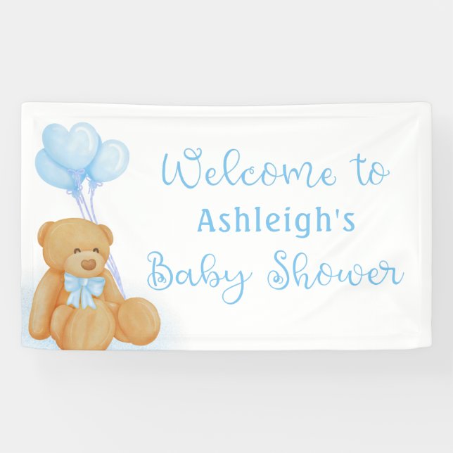 Cute Baby Shower Teddy Bear Blue Heart Balloons Banner (Horizontal)