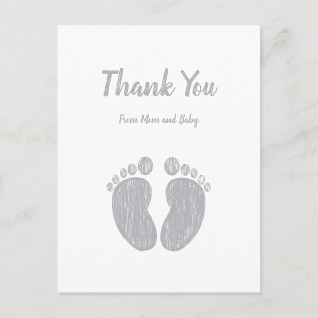 Cute Baby Shower Thank You Casual Grey Footprints Postcard (Front)