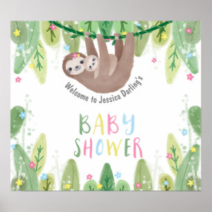 Cute baby shower welcome sloth with mum and baby poster