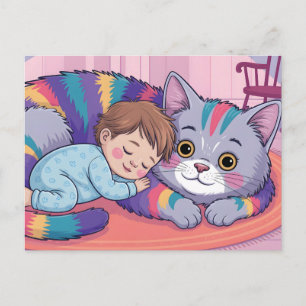 Cute Baby Sleeping on a Giant Rainbow Fluffy Cat Holiday Postcard