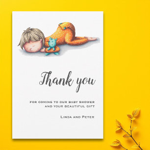 Cute Baby Sleeping Orange Neutral Baby Shower Thank You Card