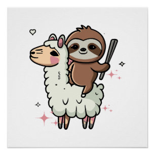 Cute Baby Sloth and Llama Poster