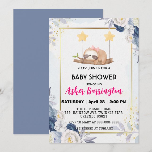 Cute Baby sloth asleep Timber flower baby shower  Invitation (Front/Back)