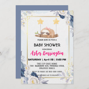 Cute Baby sloth asleep Timber flower baby shower Invitation