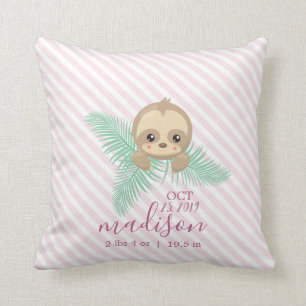 Cute Baby Sloth Baby Birth Stats Throw Pillow