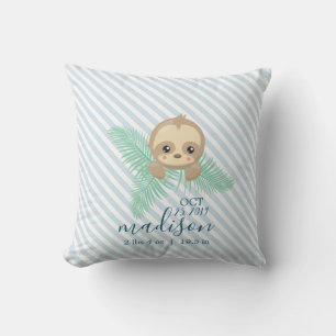 Cute Baby Sloth Baby Birth Stats Throw Pillow