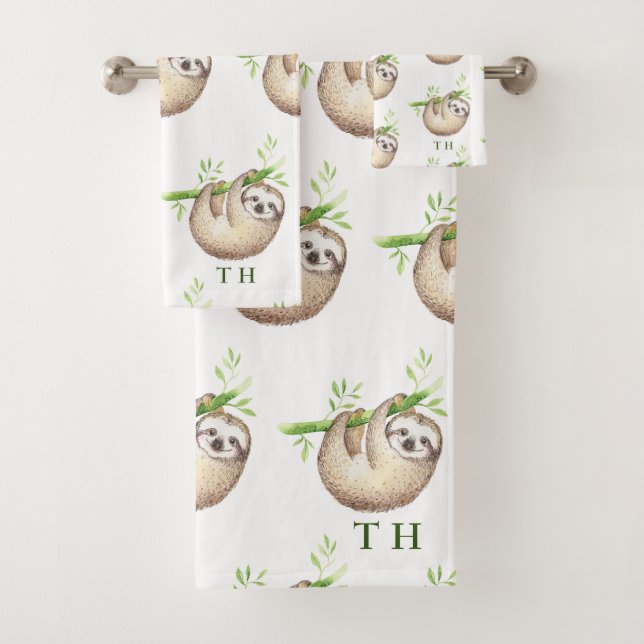 Cute Baby Sloth Boy Baby Shower Monogram Bath Towel Set (Insitu)