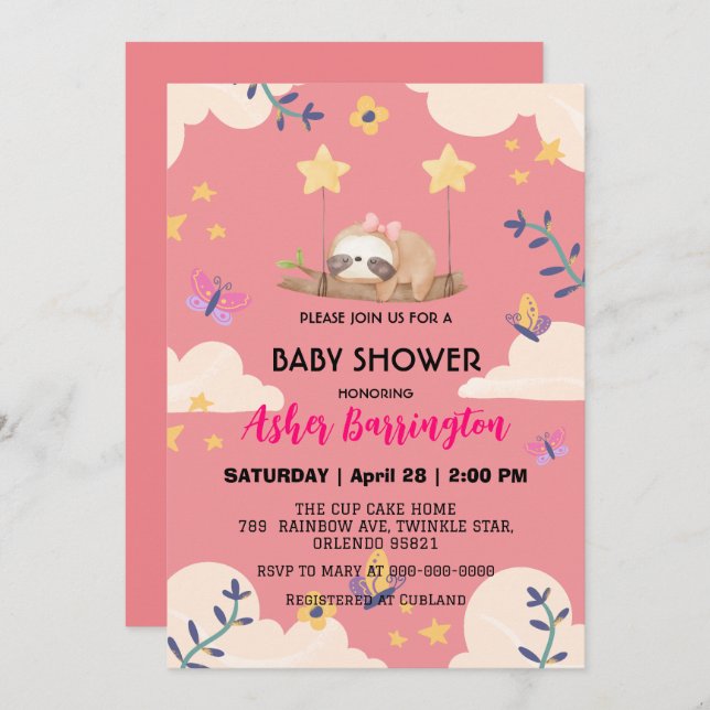 Cute Baby sloth butterfly flower baby shower party Invitation (Front/Back)
