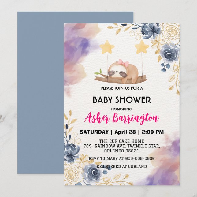 Cute Baby sloth colourful flower baby shower party Invitation (Front/Back)