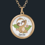 Cute Baby Sloth Custom Name        Gold Plated Necklace<br><div class="desc">Cute Baby Sloth with leaves and flowers. Perfect for sloth lovers, an excellent birthday, Christmas present and any occasion. Easy customisation of your princess name and font using the "Personalisation button". You can also "Transfer design to a product" on other Zazzle products and adjust the design to fit most Zazzle...</div>