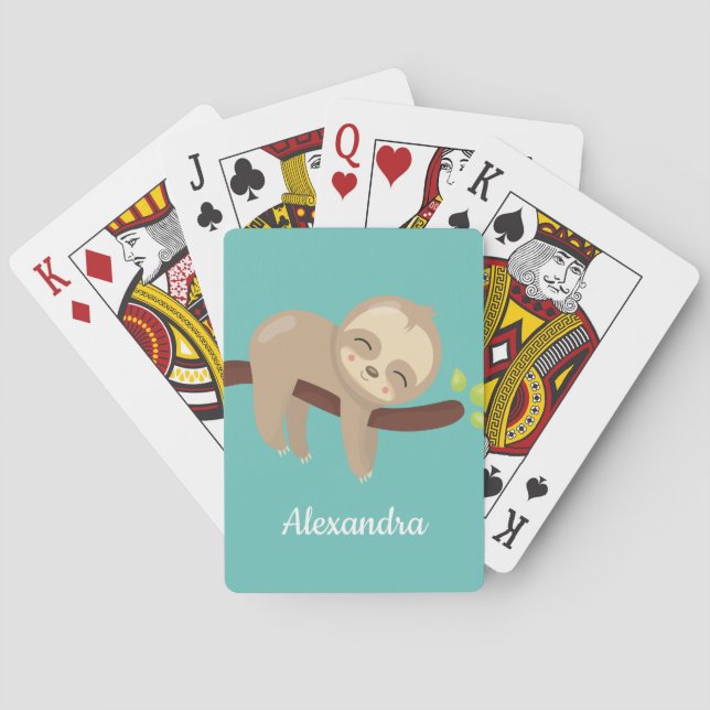 Cute Baby Sloth Kawaii Animal Illustration Teal Playing Cards (Back)