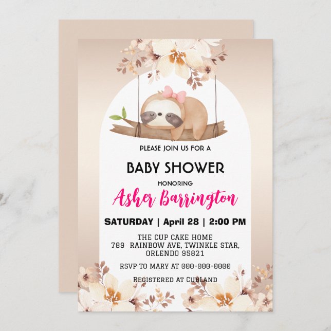 Cute Baby sloth rose gold flower baby shower party Invitation (Front/Back)