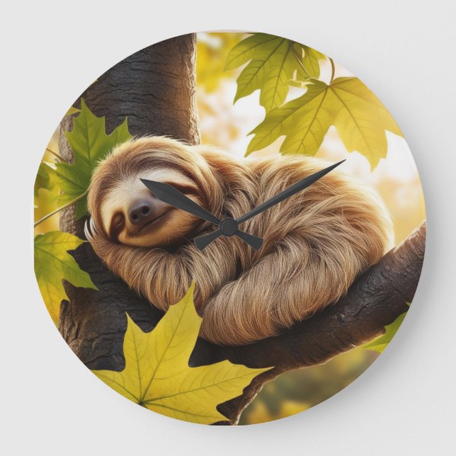 Cute Baby Sloth Sleeping in a tree Large Clock (Front)