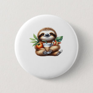 Cute Baby Sloth with Pumpkin Coffee and Pancakes w 6 Cm Round Badge