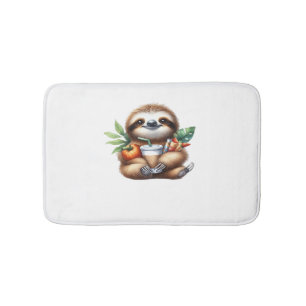Cute Baby Sloth with Pumpkin Coffee and Pancakes w Bath Mat