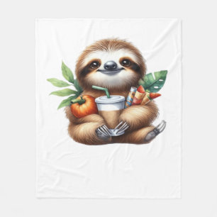 Cute Baby Sloth with Pumpkin Coffee and Pancakes w Fleece Blanket