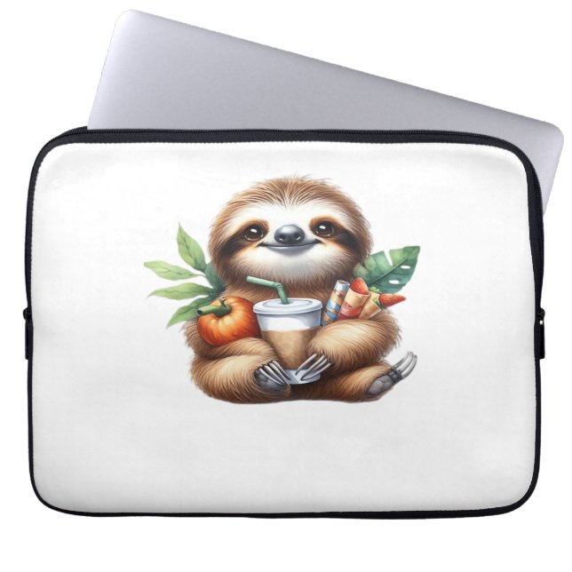 Cute Baby Sloth with Pumpkin Coffee and Pancakes w Laptop Sleeve (Front)