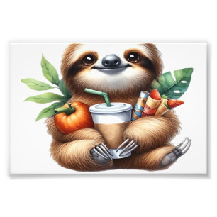 Cute Baby Sloth with Pumpkin Coffee and Pancakes w Photo Print