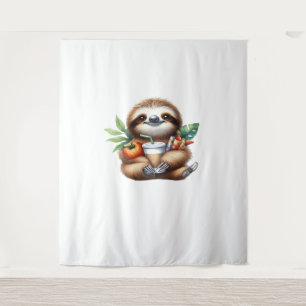 Cute Baby Sloth with Pumpkin Coffee and Pancakes w Tapestry