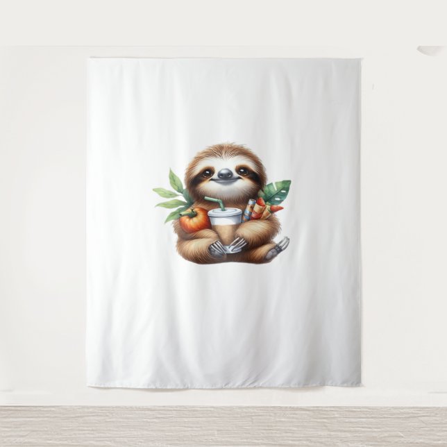 Cute Baby Sloth with Pumpkin Coffee and Pancakes w Tapestry (Front)