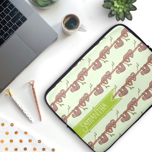 Cute Baby Sloths Hanging on Treebranch Pattern Laptop Sleeve (Cute Baby Sloths Pattern Laptop Sleeve (add your own name and custom background colour))