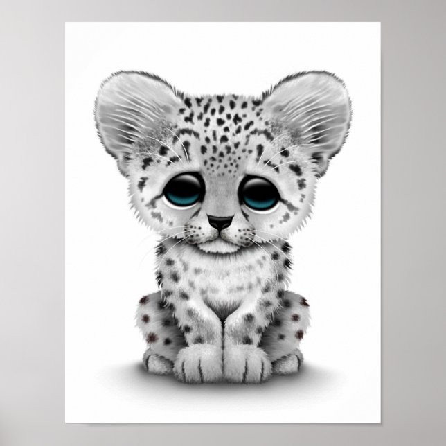 Cute Baby Snow Leopard Cub on White Poster (Front)