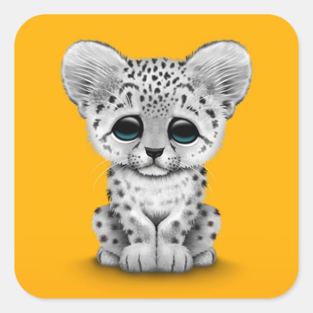 Cute Baby Snow Leopard Cub on Yellow Square Sticker (Front)