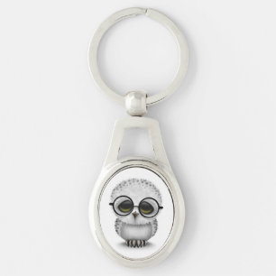 Cute Baby Snowy Owl Wearing Glasses on White Key Ring