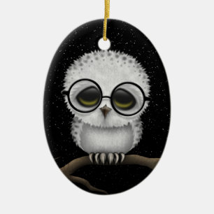 Cute Baby Snowy Owl Wearing Glasses with Stars Ceramic Ornament