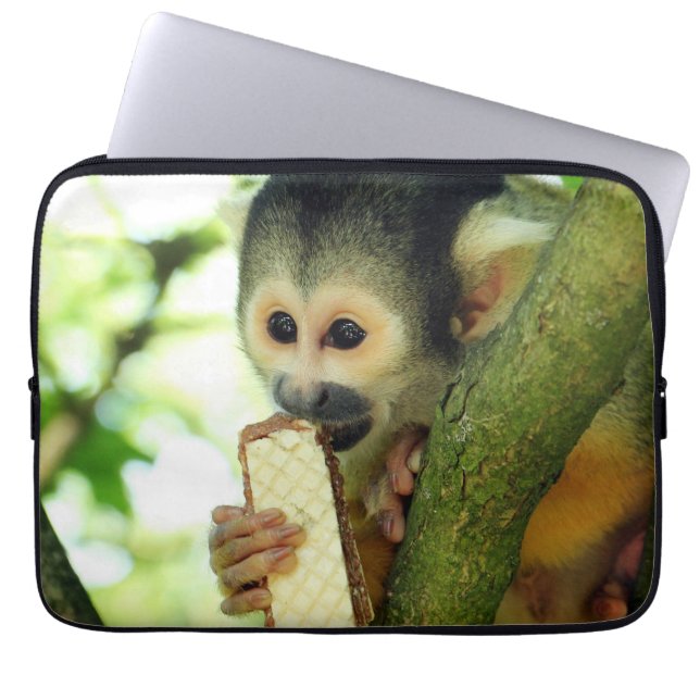 Cute Baby Squirrel Monkey Eating a Wafer Biscuit Laptop Sleeve (Front)