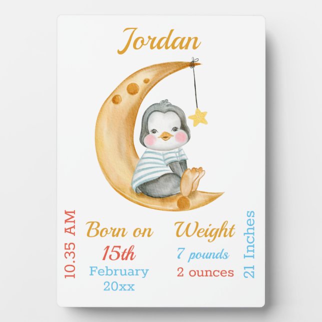 Cute Baby Stats Penguin Moon Plaque (Front)