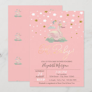 Cute Baby Swan Crown Stars Pink Baby Shower  Invitation