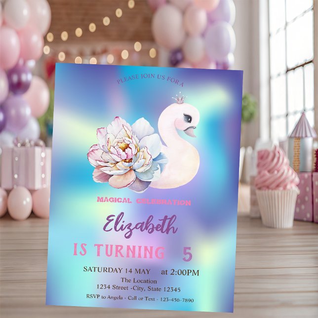 Cute Baby Swan Flower Blue Holographic Birthday Invitation (Creator Uploaded)
