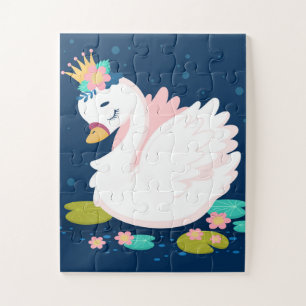 Cute Baby Swan Princess White Pink Green Blue Jigsaw Puzzle