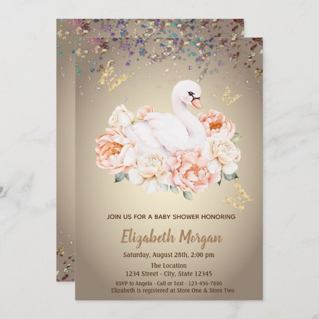 Cute Baby Swan Roses Confetti Baby Shower Invitation (Front/Back)