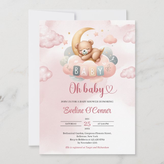 Cute baby teddy bear sleeping over the moon invitation (Front)