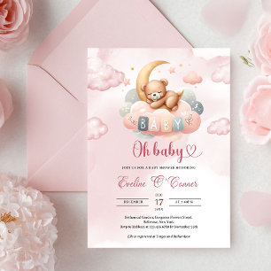 Cute baby teddy bear sleeping over the moon invitation