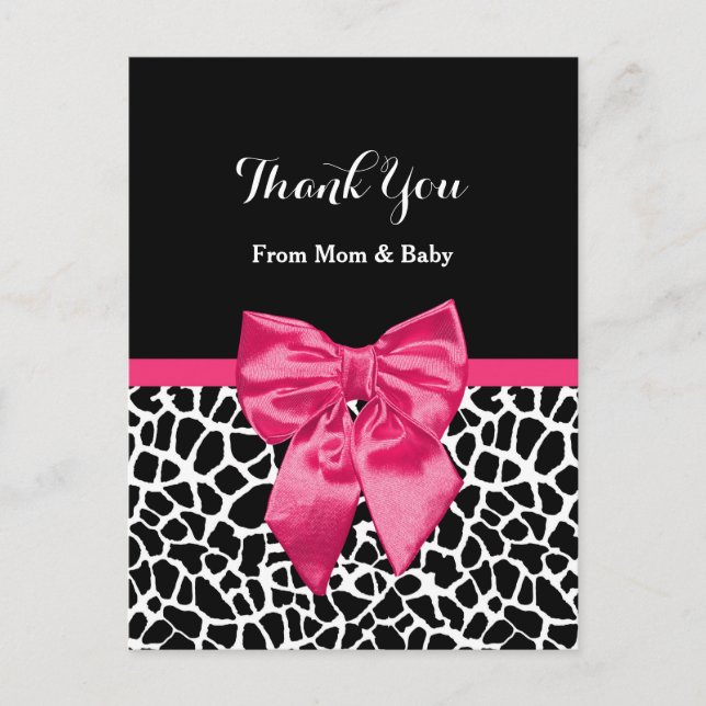 Cute Baby Thank You Girly Giraffe Print Pink Bow Postcard (Front)
