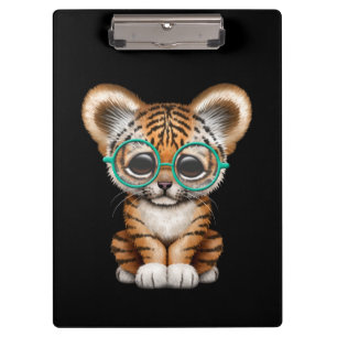 Cute Baby Tiger Cub Wearing Glasses on Black Clipboard
