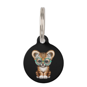Cute Baby Tiger Cub Wearing Glasses on Black Pet Tag