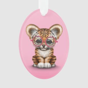 Cute Baby Tiger Cub Wearing Glasses on Pink Ornament