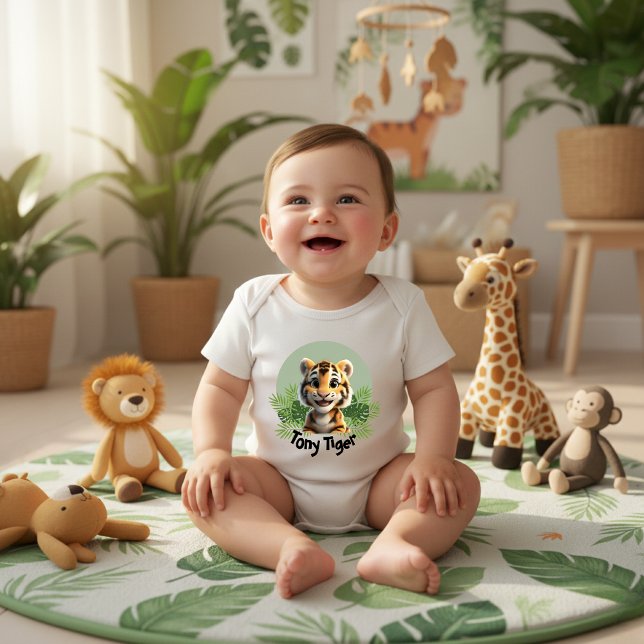 Cute Baby Tiger Jungle Nursery Personalized Name Baby Bodysuit (Creator Uploaded)