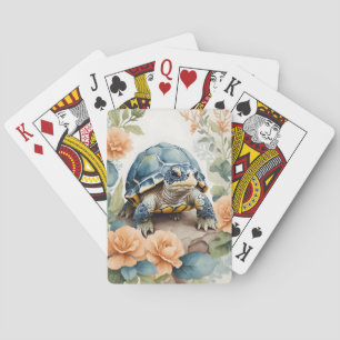 Cute Baby Tortoise Pastel Floral Watercolor Playing Cards