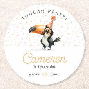 Cute baby toucan, kid’s birthday celebration round paper coaster