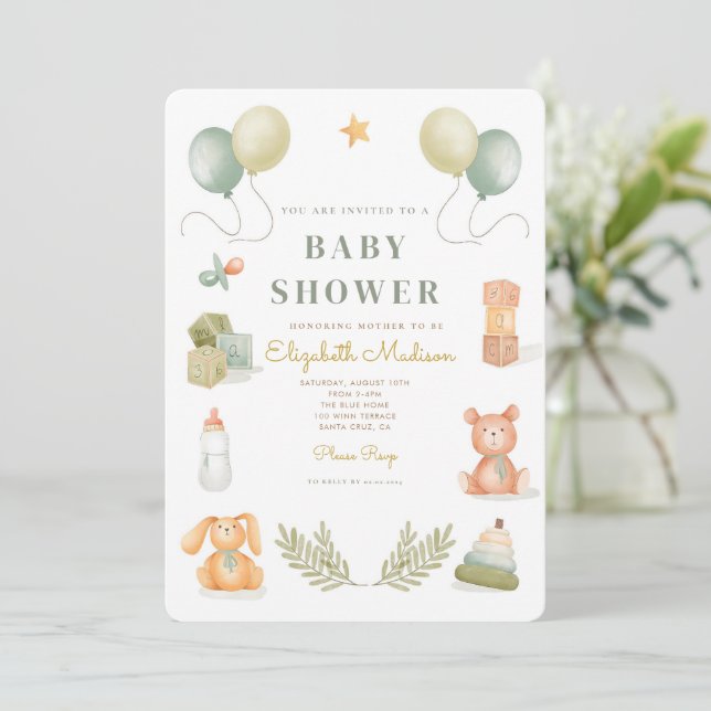 Cute Baby Toys Watercolor Baby Shower  Invitation (Standing Front)