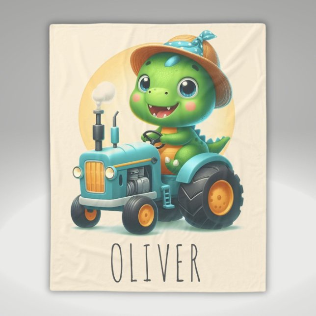 Cute Baby Trex Dinosaur Driving a Blue Tractor  Fleece Blanket (Creator Uploaded)