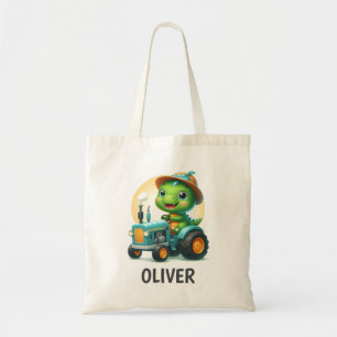Cute Baby Trex Dinosaur Driving a Blue Tractor Tote Bag